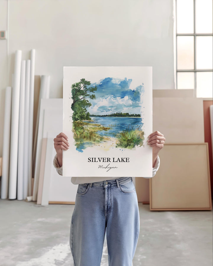 Silver Lake MI Wall Art, Lake Michigan Print, Lake Michigan Watercolor, Silver Lake MI Gift, Travel Print, Travel Poster, Housewarming Gift