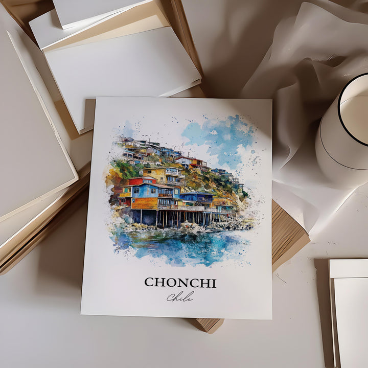 Chonchi Chile Wall Art, Chonchi Print, Chile Watercolor Art, Chonchi Chile Gift, Travel Print, Travel Poster, Housewarming Gift