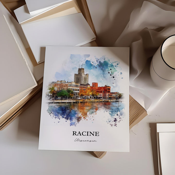 Racine WI Wall Art, Racine County Print, Wisconsin Watercolor Art, Racine WI Gift, Travel Print, Travel Poster, Housewarming Gift