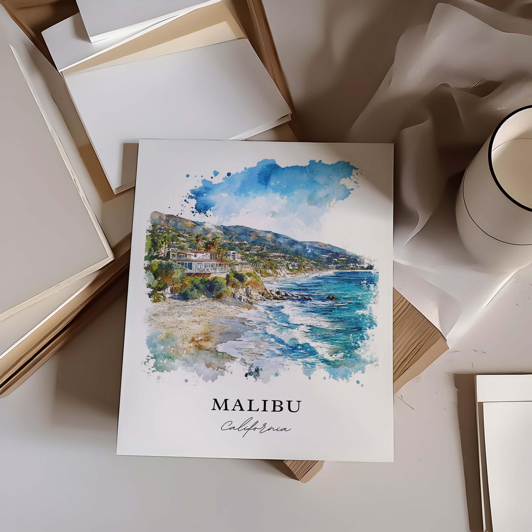 Malibu Wall Art, Malibu California Print, LA Watercolor Art, Malibu Cali Gift, Malibu