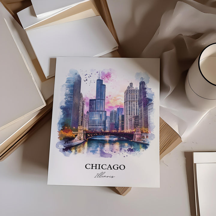 Chicago Wall Art, Chicago Print, Chicago Illinois Watercolor Art, Chicago Skyline Gift, Travel Print, Travel Poster, Housewarming Gift