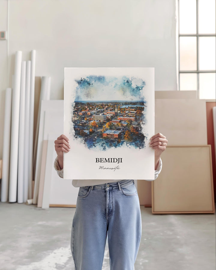 Bemidji MN Wall Art, Beltrami County Print, Minnesota Watercolor Art, Bemidji Minnesota Gift, Travel Print, Travel Poster, Housewarming Gift