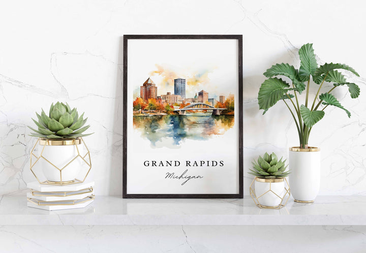 Grand Rapids traditional travel art - Michigan, Grand Rapids poster, Wedding gift, Birthday present, Custom Text, Personalized Gift