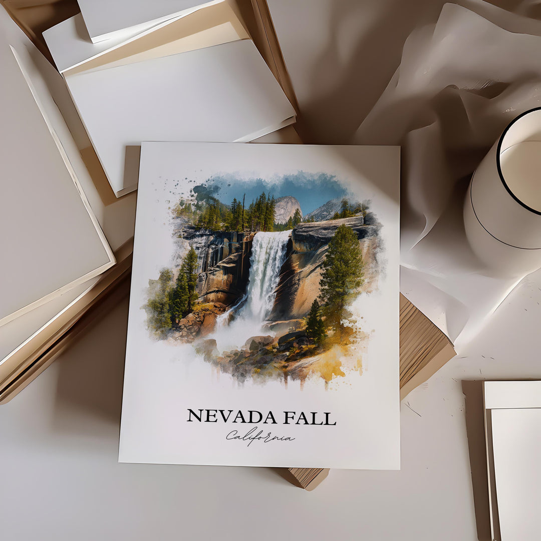 Nevada Fall Wall Art, Yosemite Print, California Watercolor Art, Nevada Fall Gift, Travel Print, Travel Poster, Housewarming Gift