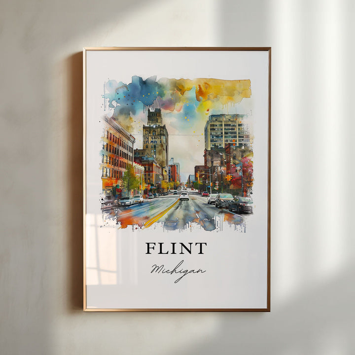 Flint Michigan Wall Art, Flint MI Print, Flint Watercolor Art, Genesee County MI Gift, Travel Poster, Housewarming Gift