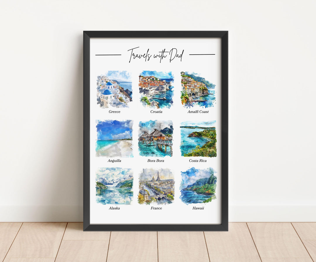 Custom Fathers Day Travel Art, Travels with Dad Art, Fathers Day Print, Travel Watercolor Art, Travels with Dad, Gift for Him, Travel Art