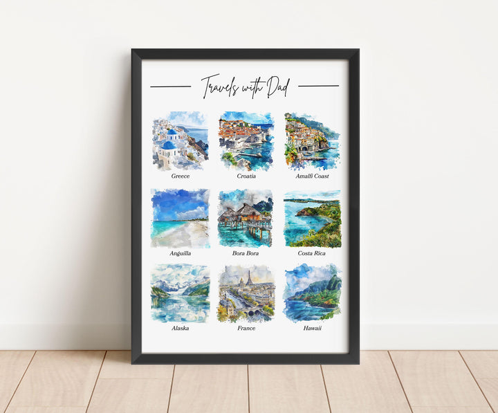 Custom Fathers Day Travel Art, Travels with Dad Art, Fathers Day Print, Travel Watercolor Art, Travels with Dad, Gift for Him, Travel Art