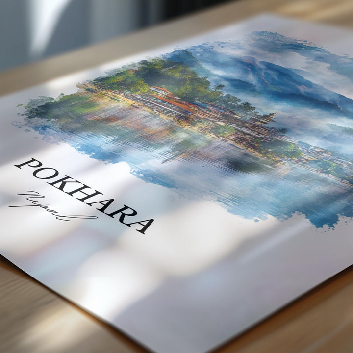 Pokhara Wall Art, Pokhara Nepal Print, Nepal Watercolor Art, Pokhara Nepal Gift, Travel Print, Travel Poster, Housewarming Gift