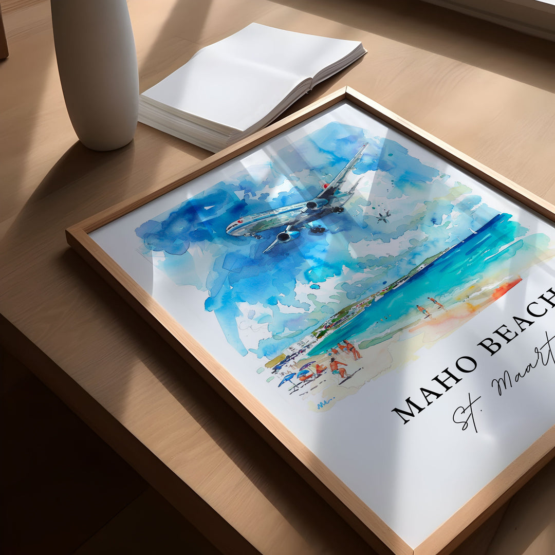 Maho Beach Wall Art, St. Maarten Print, Maho Beach Plane Watercolor, Saint Maarten Gift,