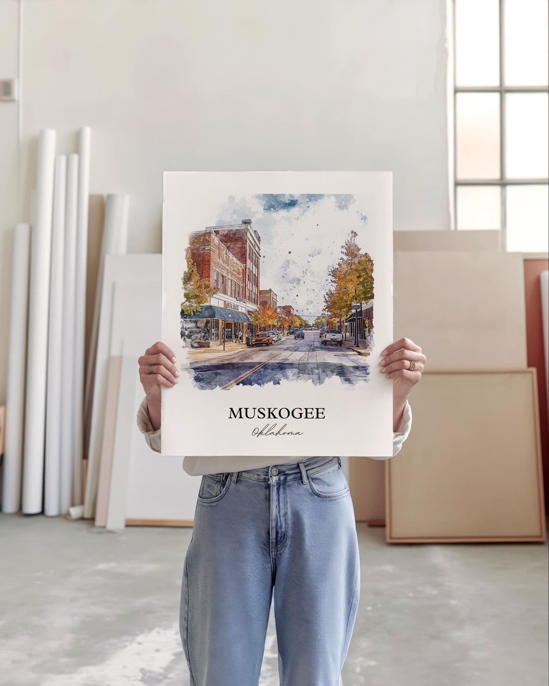 Muskogee OK Wall Art, Arkansas River Print, Oklahoma Watercolor Art, Muskogee OK Gift, Travel Print, Travel Poster, Housewarming Gift