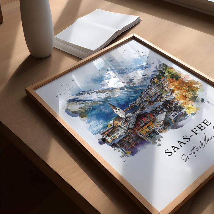 Saas-Fee Wall Art, Saas-Fee Print, Saas-Fee Switzerland Watercolor, Swiss Alps Gift,