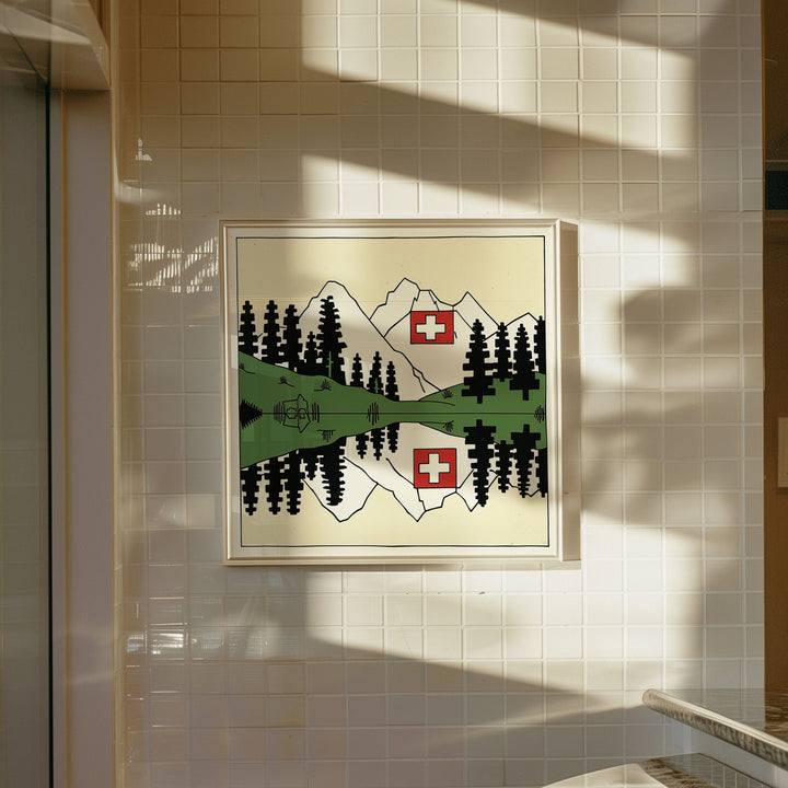 Modern Switzerland Art, Switzerland Print, Unique Switzerland Art, Swiss Flag and Scenery, Travel Poster, Housewarming Gift