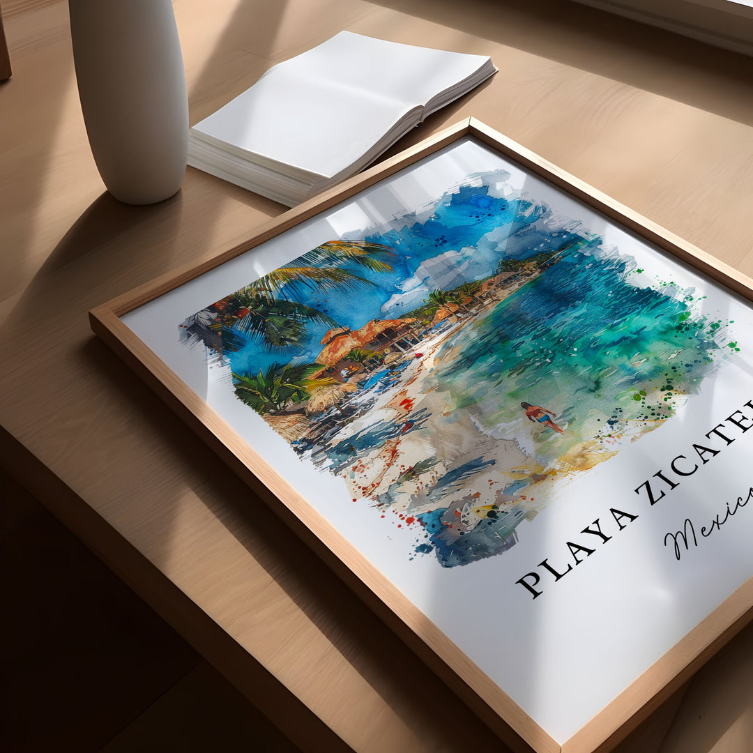 Playa Zicatela MX Art, Playa Zicatela Print, Oaxaca Watercolor Art, Puerto Escondido Gift, Travel Poster, Housewarming Gift