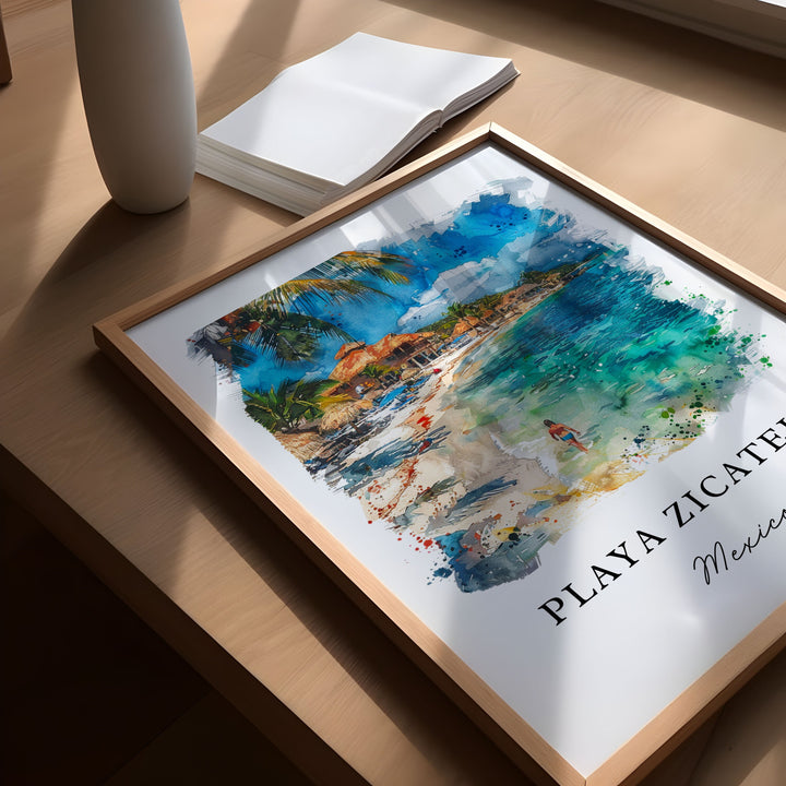Playa Zicatela MX Art, Playa Zicatela Print, Oaxaca Watercolor Art, Puerto Escondido Gift, Travel Poster, Housewarming Gift
