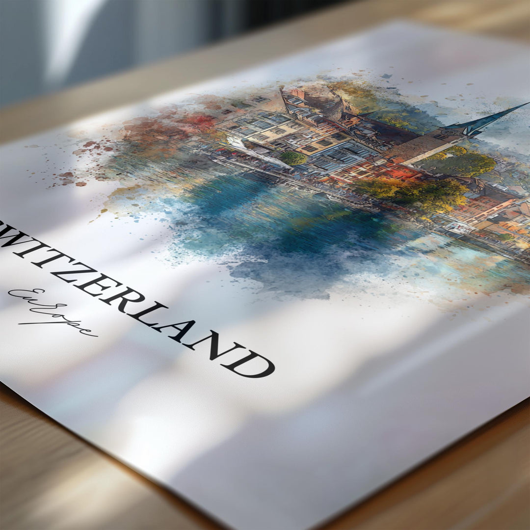 Switzerland Art, Switzerland Print, Switzerland Watercolor Art, Switzerland Country Gift, Travel Print, Travel Poster, Housewarming Gift