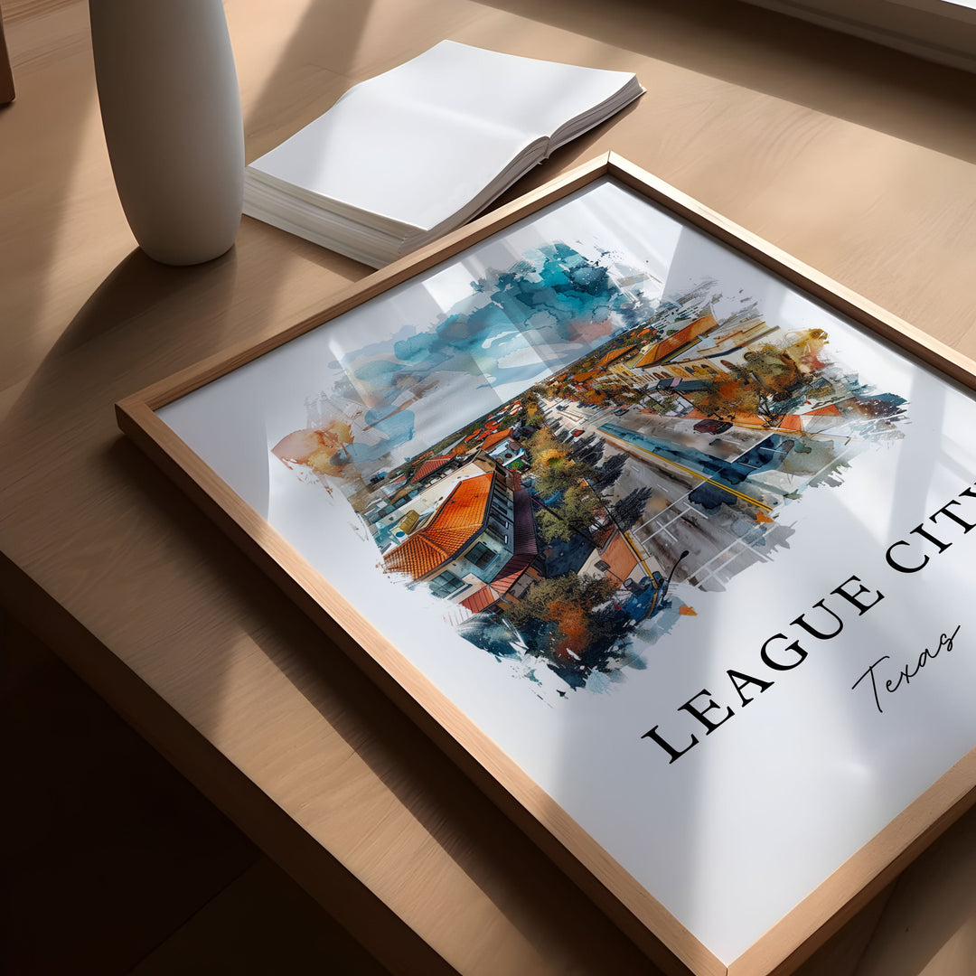 League City TX Wall Art, League City Print, Galveston Watercolor Art, Galveston County Gift,