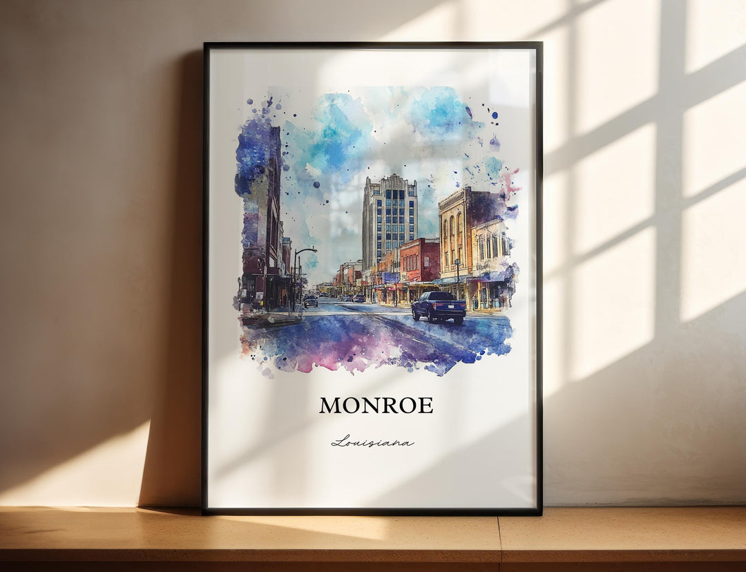 Monroe Louisiana Wall Art, Ouachita Parish Print, Louisiana Watercolor Art, Monroe LA Gift, Travel Print, Travel Poster, Housewarming Gift