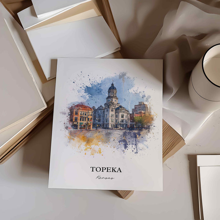 Topeka Kansas Wall Art, Topeka Print, Kansas Watercolor Art, Topeka Skyline Gift, Travel Print, Travel Poster, Housewarming Gift