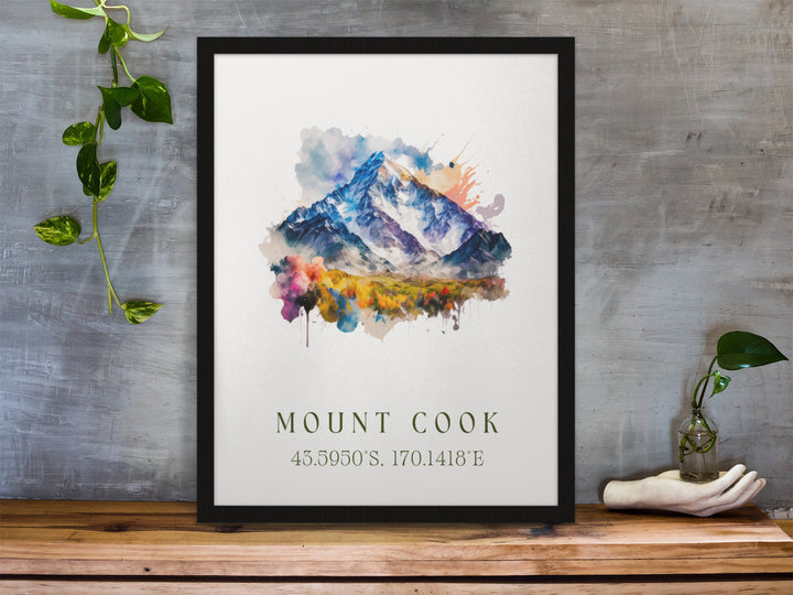 Mount Cook traditional travel art - New Zealand, Mt Cook NZ poster, Wedding gift, Birthday present, Custom Text, Personalised Gift