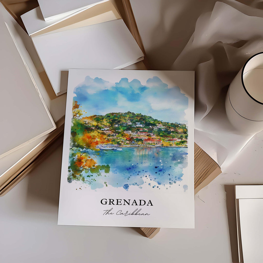 Grenada Wall Art, Grenada Caribbean Print, Grenada Watercolor Art, Grenada Island Gift,