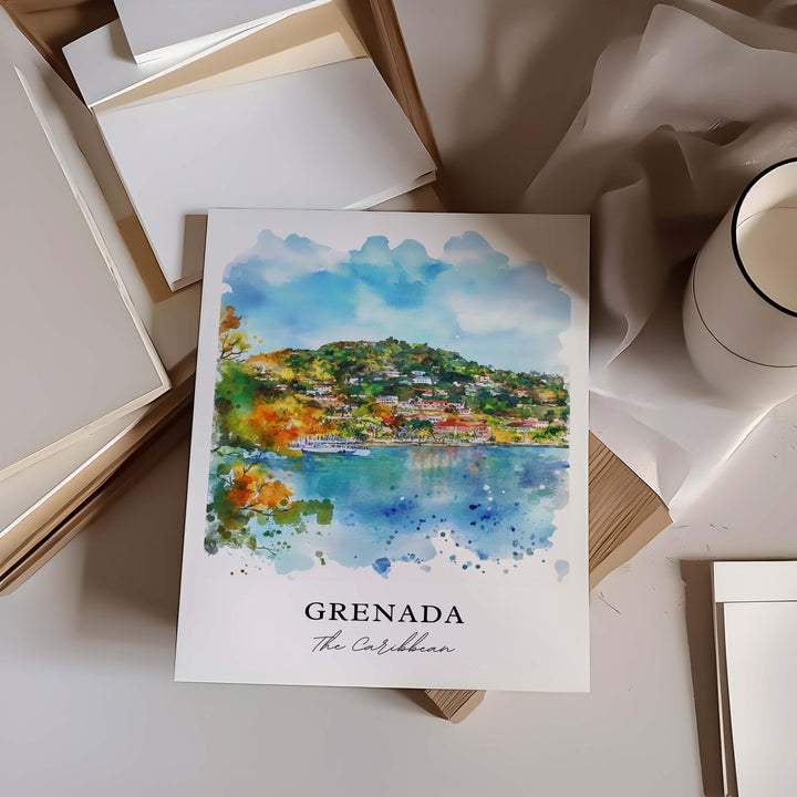 Grenada Wall Art, Grenada Caribbean Print, Grenada Watercolor Art, Grenada Island Gift,