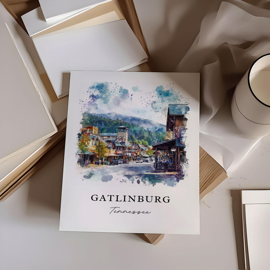 Gatlinburg TN Wall Art, Gatlinburg Print, Gatlinburg Watercolor, Great Smoky Mountains Gift,