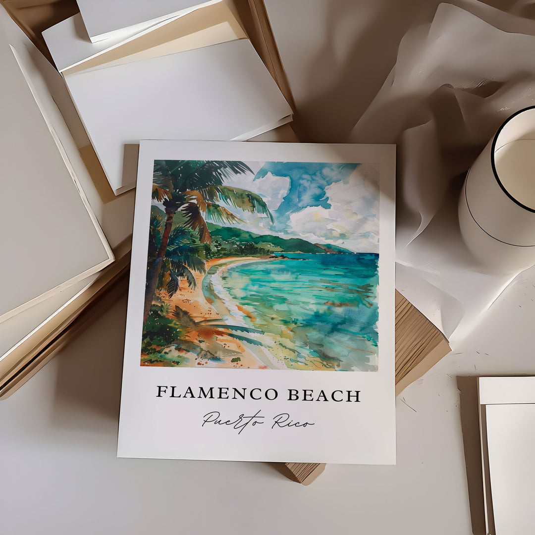 Flamenco Beach Art, Flamenco Beach PR Print, Culebra Watercolor Art, Culebra Gift,