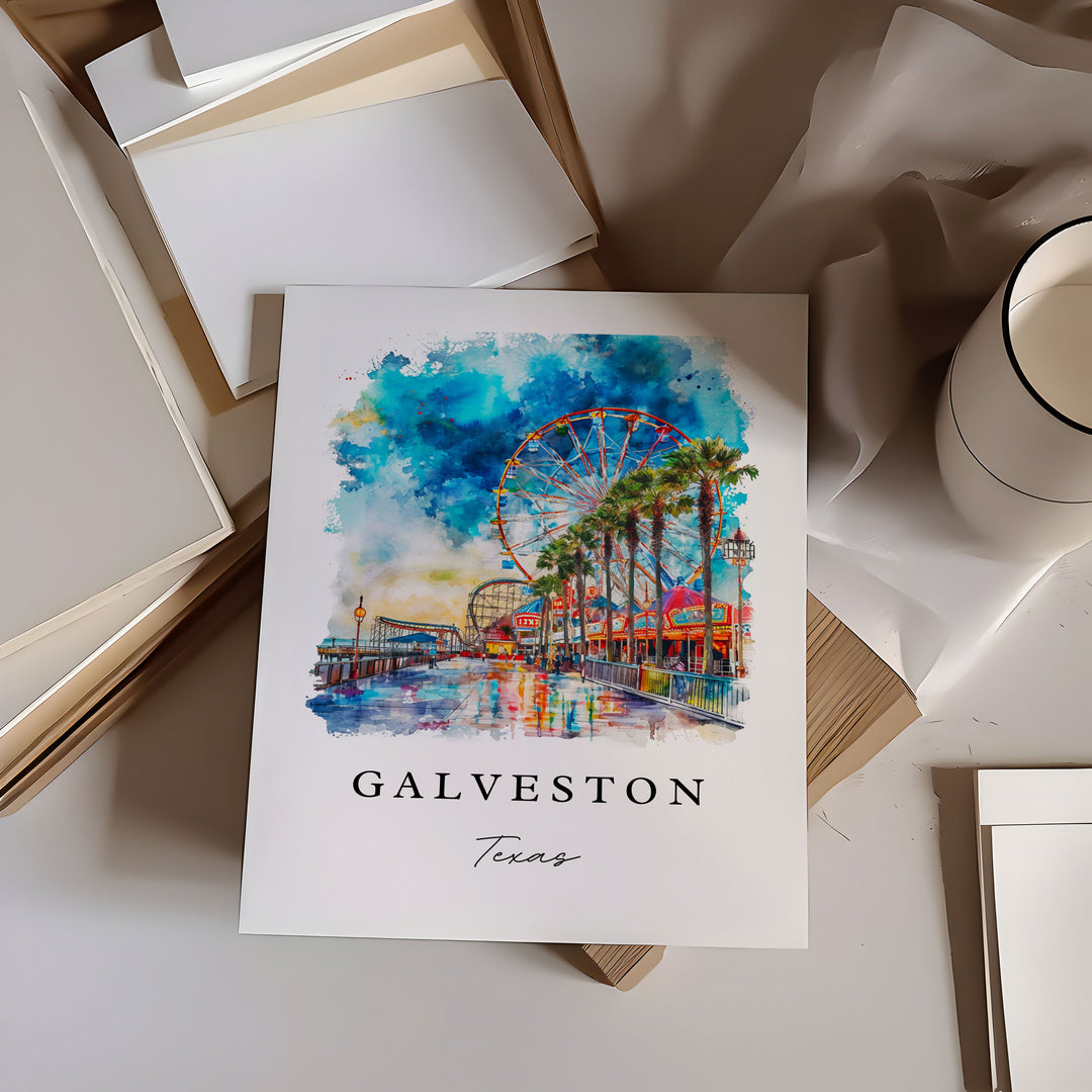 Galveston traditional travel art - Texas, Galveston print, Wedding gift, Birthday present, Custom Text, Perfect Gift