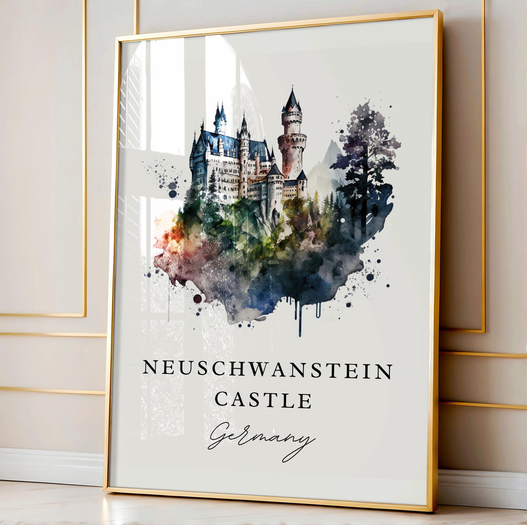 Neuschwanstein Art, Neuschwanstein Castle Print, Neuschwanstein Watercolor, Germany Gift,