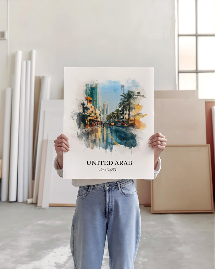 UAE Wall Art, United Arab Emirates Print, UAE Watercolor Art, UAE Travel Gift, Travel Print, Travel Poster, Housewarming Gift