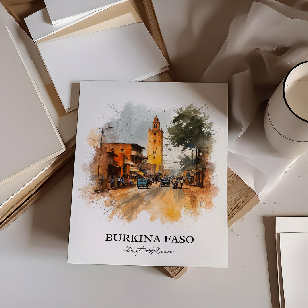 Burkina Faso Wall Art, Burkina Faso Print, Africa Watercolor Art, Burkina Faso Gift, Travel Print, Travel Poster, Housewarming Gift