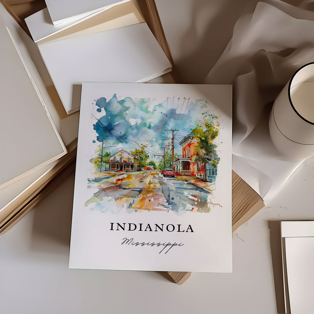 Indianola MS Wall Art, Indianola Print, Mississippi Watercolor Art, Indianola MS Gift,