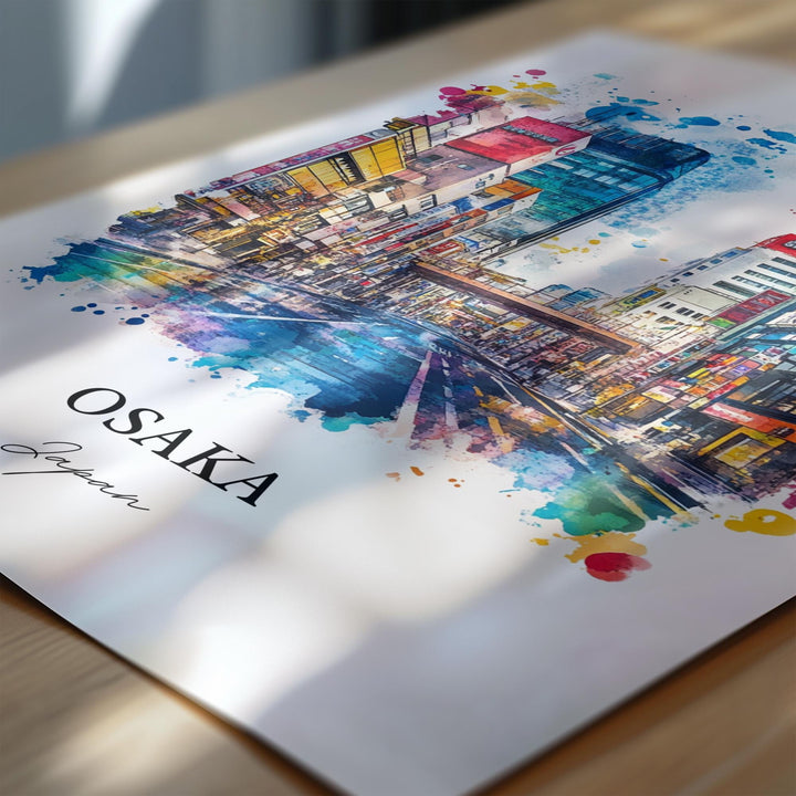 Osaka Wall Art, Osaka Skyline Print, Japan Watercolor Art, Osaka Japan Gift, Travel Print, Travel Poster, Housewarming Gift