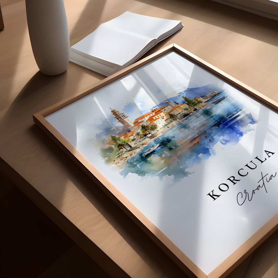 Korcula traditional travel art - Croatia, Korcula poster print, Wedding gift, Birthday present, Custom Text, Perfect Gift