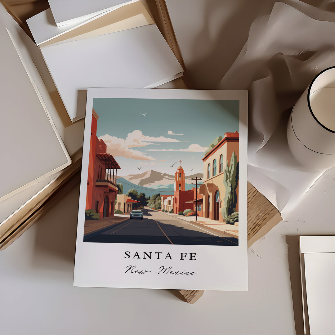 Santa Fe traditional travel art - New Mexico, Santa Fe poster, Wedding gift, Birthday present, Custom Text, Personalised Gift