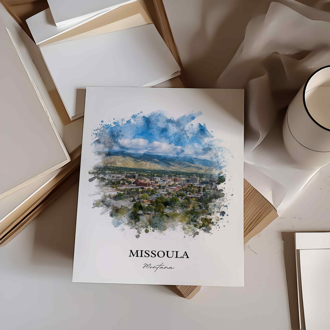 Missoula MT Wall Art, Missoula Print, Missoula Watercolor Art, Missoula Montana Gift, Travel Print, Travel Poster, Housewarming Gift