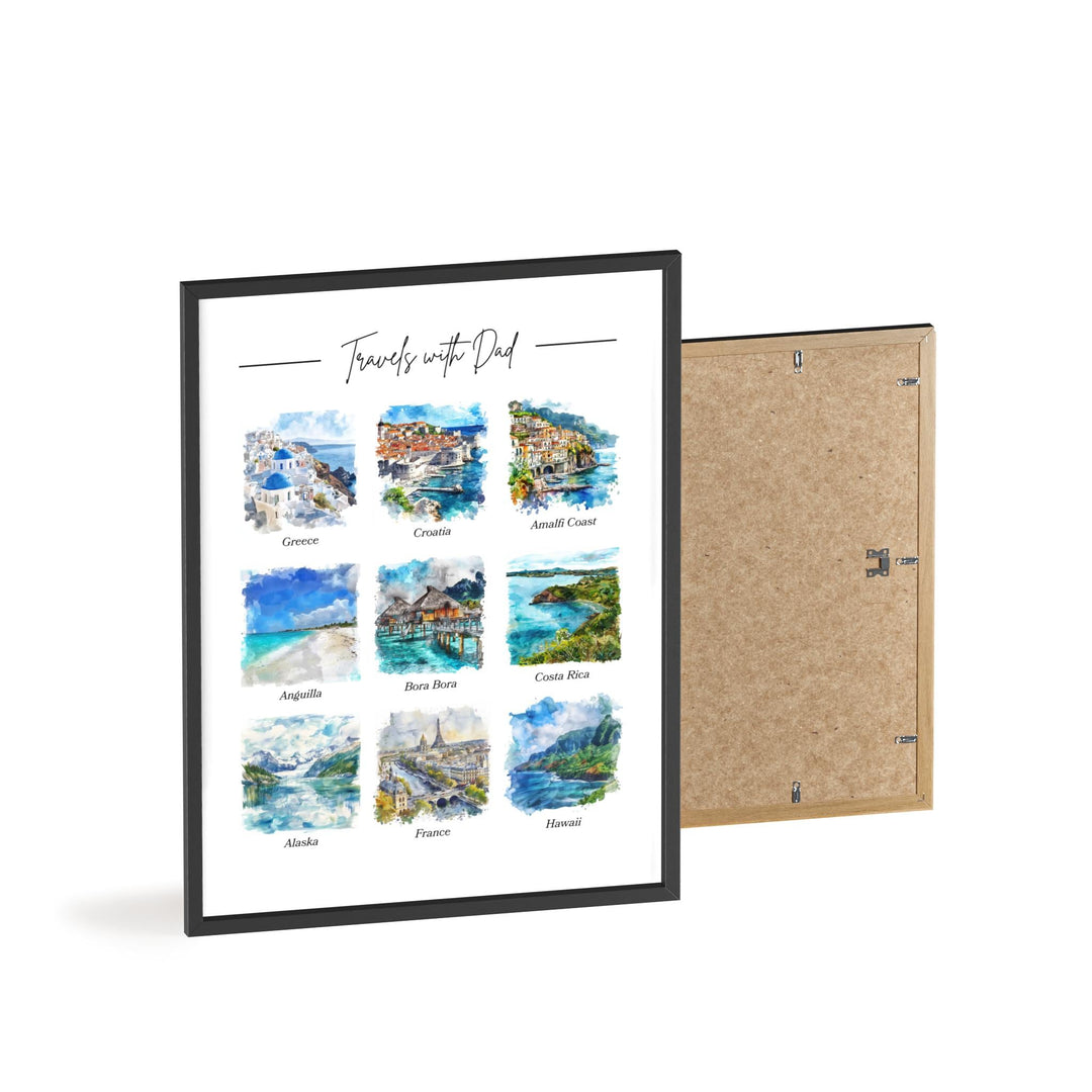 Custom Fathers Day Travel Art, Travels with Dad Art, Fathers Day Print, Travel Watercolor Art, Travels with Dad, Gift for Him, Travel Art