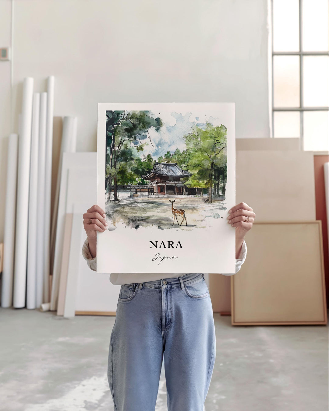 Nara Japan Wall Art, Nara Deer Park Print, Japan Watercolor Art, Nara Japan Gift, Travel Print, Travel Poster, Housewarming Gift