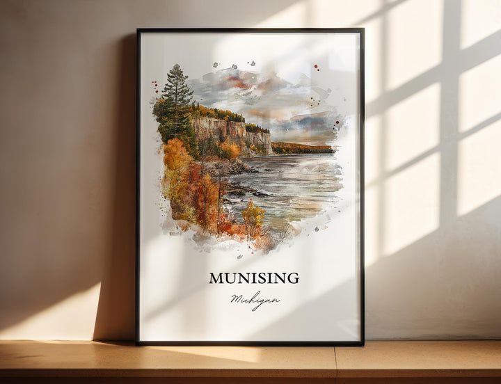 Munising MI Wall Art, Munising MI Print, Wagner Falls Watercolor Art, Munising Michigan Gift, Travel Print, Travel Poster, Housewarming Gift