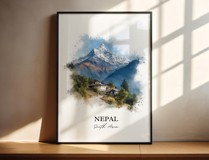 Nepal Wall Art, Nepal Print, Nepal Watercolor Art, Nepal Country Gift, Travel Print, Travel Poster, Housewarming Gift