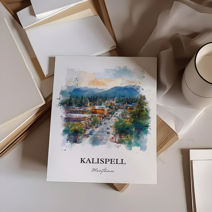 Kalispell MT Wall Art, Glacier National Park Print, Montana Watercolor Art, Kalispell Gift, Travel Print, Travel Poster, Housewarming Gift