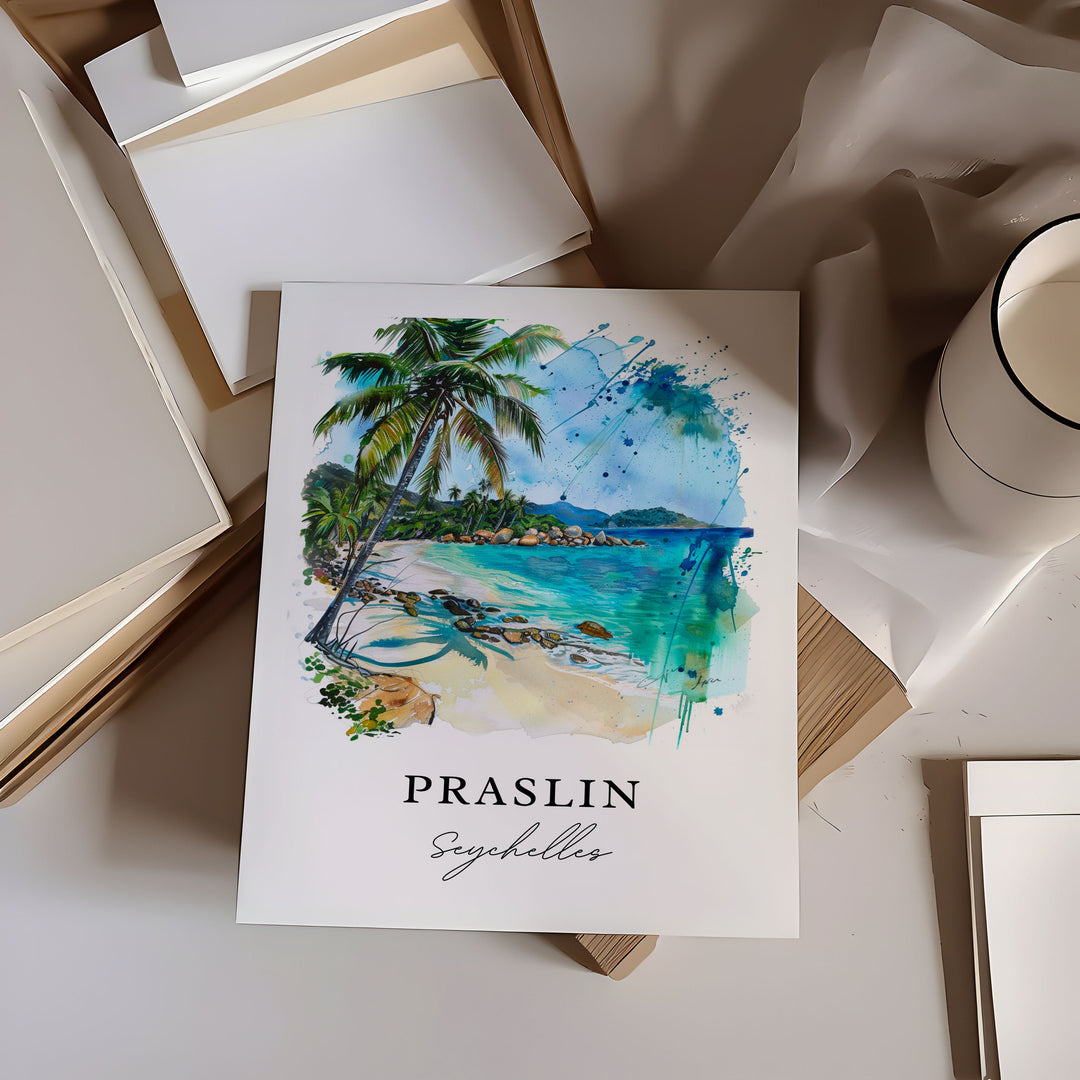 Praslin Seychelles Art, Praslin Print, Seychelles Watercolor Art, Seychelles Beach Gift,