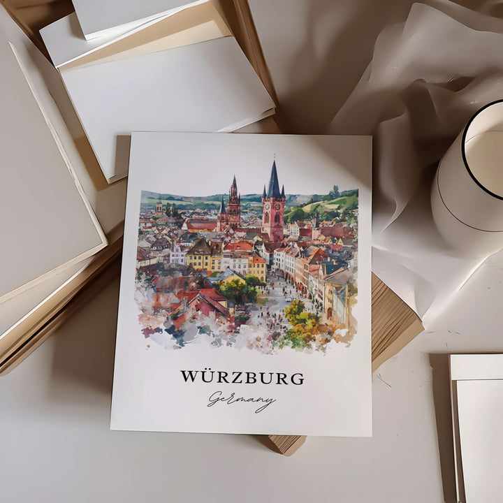 Wurzburg Wall Art, Wurzburg Germany Print, Bavaria Watercolor Art, Wurzburg City Gift,