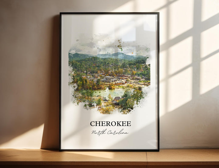 Cherokee NC Wall Art, Western NC Print, North Carolina Watercolor Art, Cherokee NC Gift, Travel Print, Travel Poster, Housewarming Gift
