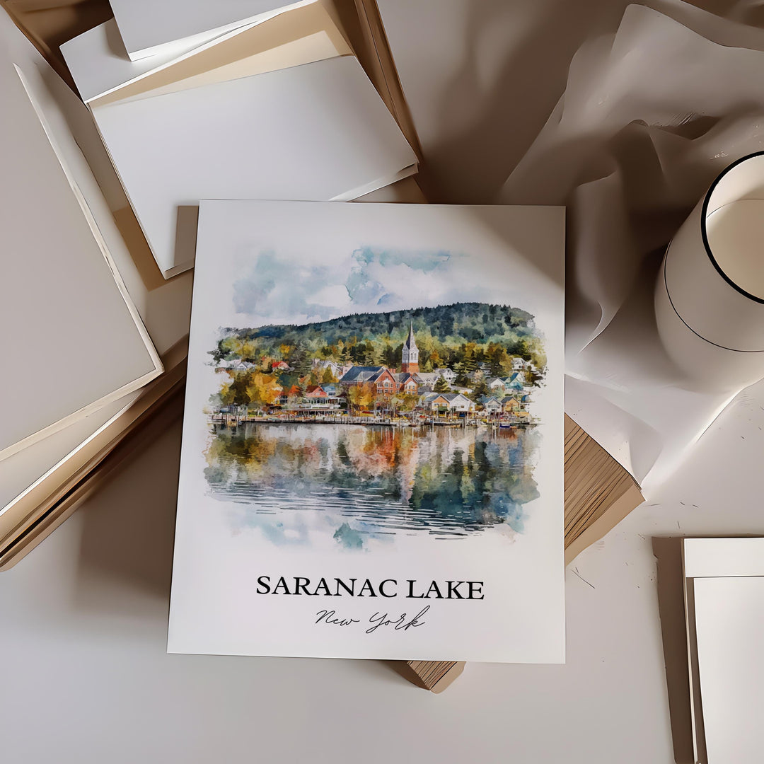 Saranac Lake Wall Art, Adirondacks NY Print, Saranac Lake Watercolor Art, Saranac Lake Gift, Travel Print, Travel Poster, Housewarming Gift