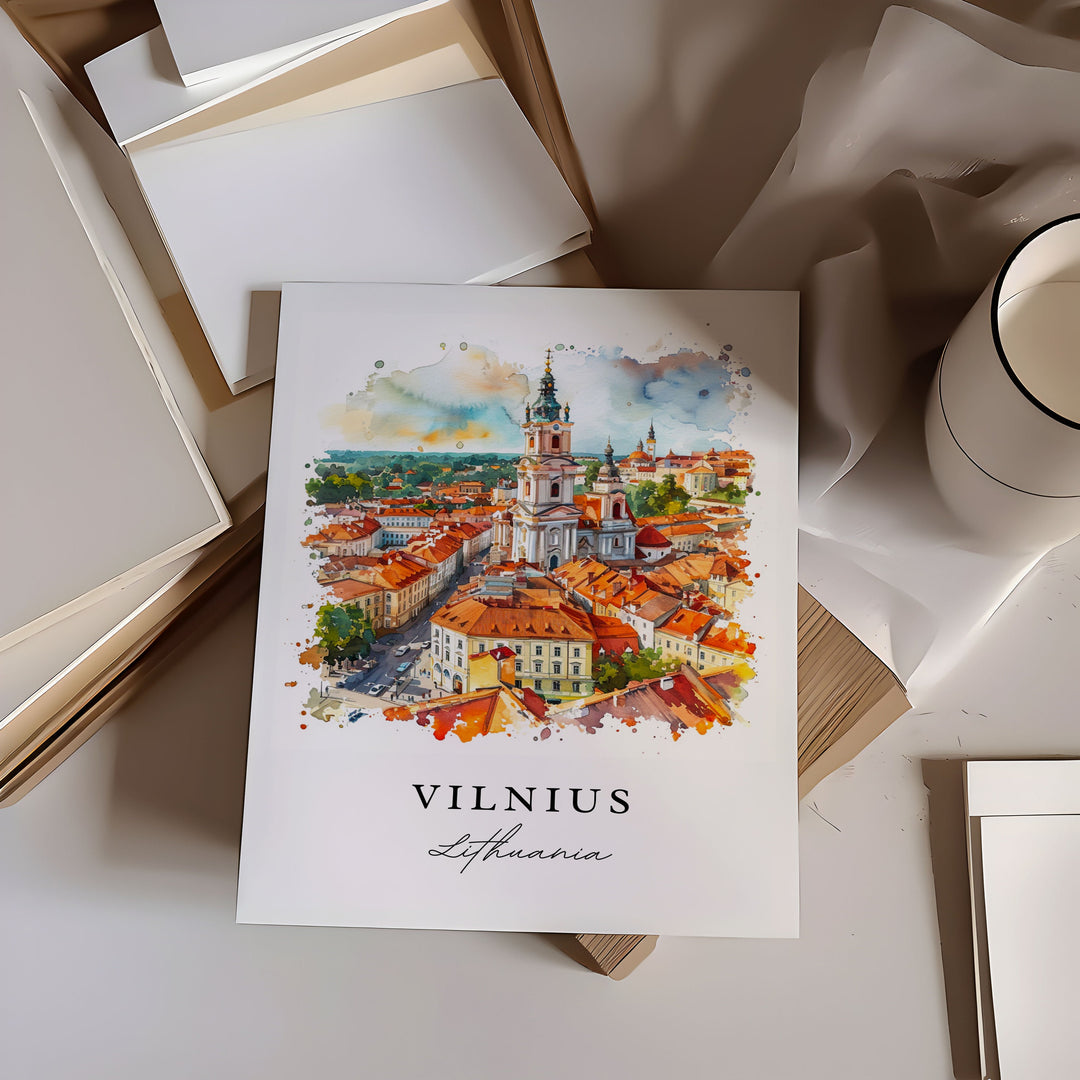 Vilnius watercolor travel art - Lithuania, Vilnius print, Wedding gift, Birthday present, Custom Text, Perfect Gift