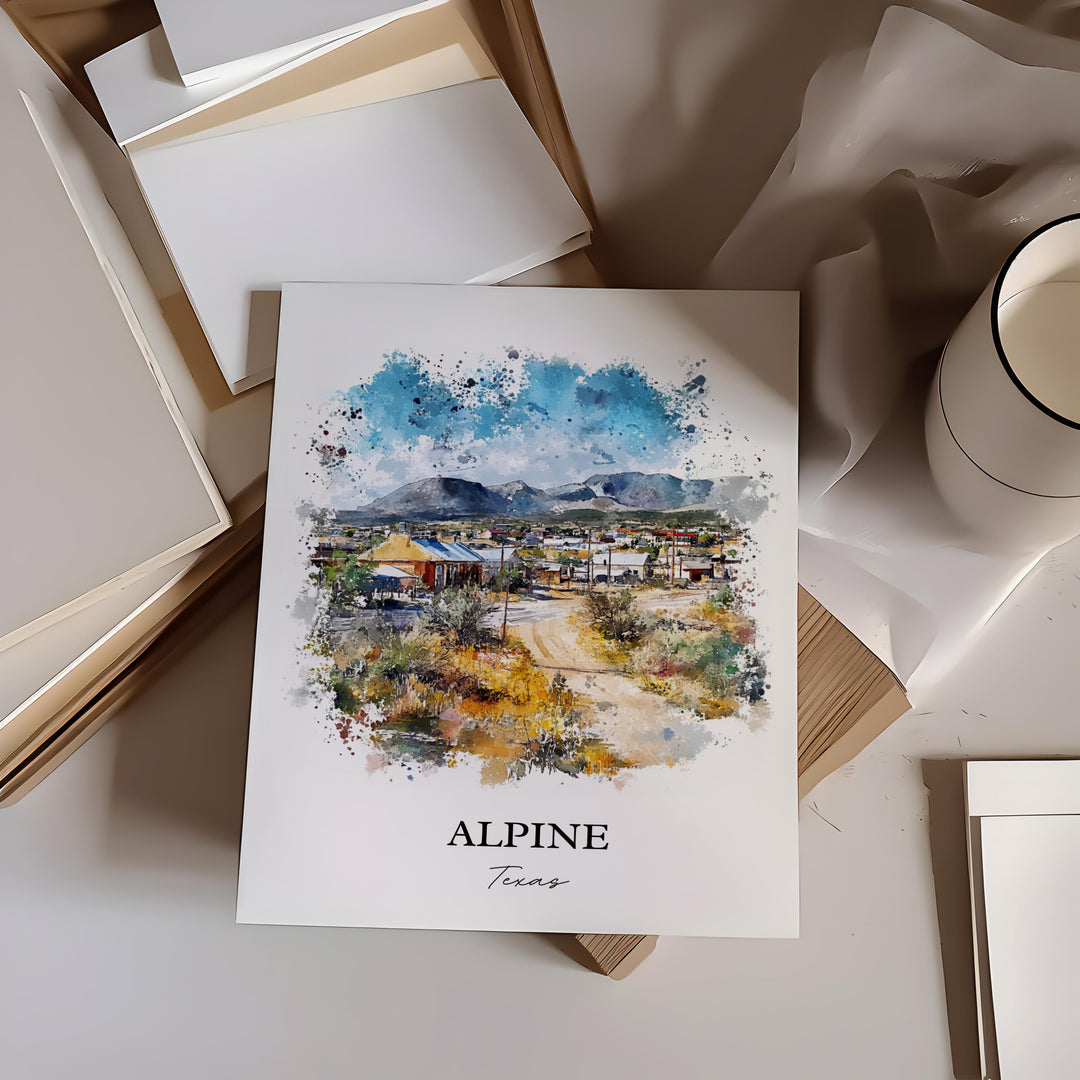 Alpine Texas Wall Art, Brewster County TX Print, Texas Watercolor Art, Alpine Texas Gift, Travel Print, Travel Poster, Housewarming Gift