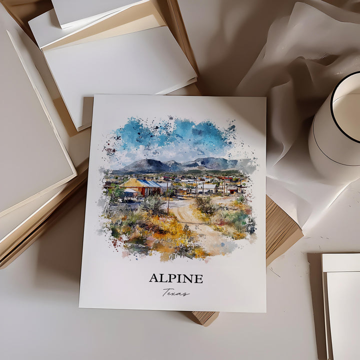 Alpine Texas Wall Art, Brewster County TX Print, Texas Watercolor Art, Alpine Texas Gift, Travel Print, Travel Poster, Housewarming Gift