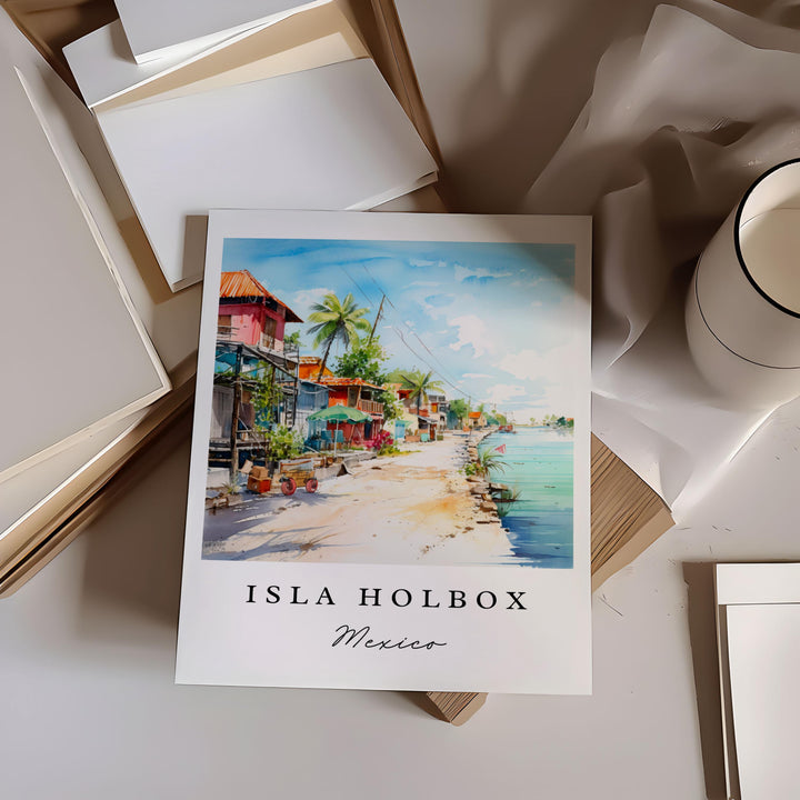 Isla Holbox traditional travel art - Mexico, Isla Holbox poster print, Wedding gift, Birthday present, Custom Text, Perfect Gift