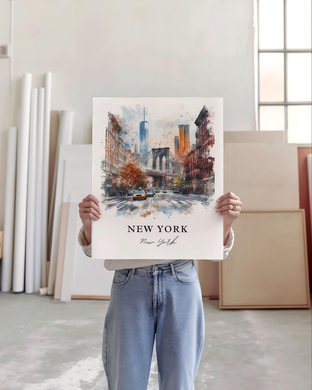 NYC Wall Art, New York City Print, Manhattan Watercolor Art, Brooklyn Bridge Gift, Manhattan Travel Print, Travel Poster, Housewarming Gift